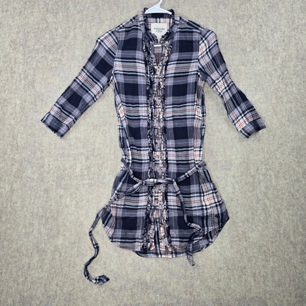 Abercrombie & Fitch XS Plaid Ruffle Shirt Dress Navy/Orange Cotton Blend